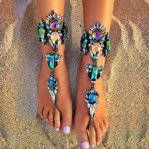 Bohemian iridescent crystal foot jewelry anklet set for beach vacation and punk style