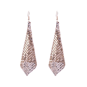 Rose gold sequin mesh tassel earrings in a long triangular shield shape with hooks