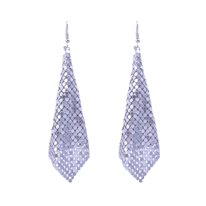Silver metallic sequin tassel earrings with triangular mesh drop design for evening parties