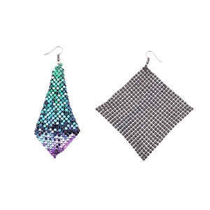 Detail of colorful sequin fringe earrings and dark metallic mesh drop earrings