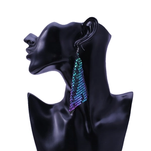 Detailed macro of iridescent sequin fringe earrings with vibrant metallic gradient shimmer