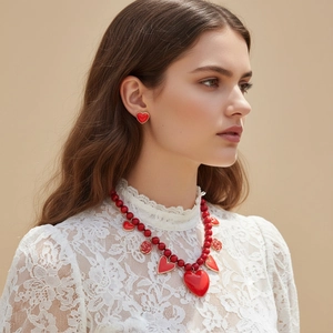 Red Beaded Necklace With Zinc Alloy Heart And Rose Enamel Pendants Retro Romantic Y2K Style Jewelry For Women