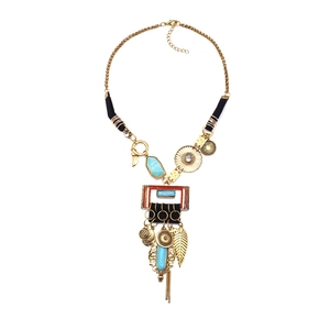 Bohemian Ethnic Long Pendant Necklace Alloy Synthetic Turquoise Statement Vintage Tassel Feather Sweater Chain For Women