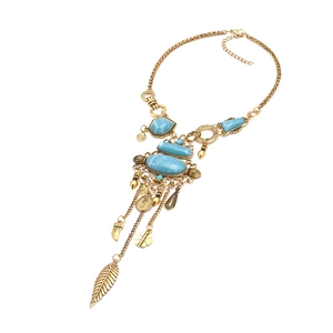 Bohemian long tassel necklace with turquoise stones and feather charms on white background