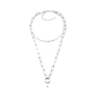 Minimalist double-layered silver chain necklace with round pendant and adjustable clasp