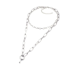 Polished silver double-layered chain necklace with adjustable link clasp on white background