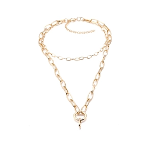 Minimalist gold double layer chain necklace with round pendant and thick oval links