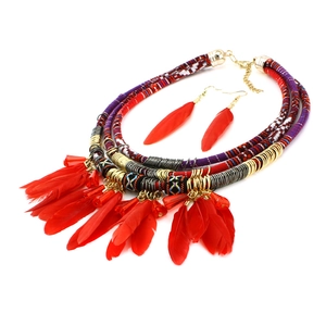 Detail of Bohemian handmade necklace and earrings set with vibrant red feathers