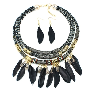 Bohemian handmade multi-layer woven necklace and feather earrings set in black and white