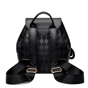 Quilted black leather backpack for women with large capacity and gold metal hardware
