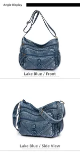 Front and side views of vintage lake blue washed leather crossbody bag with multi-pockets
