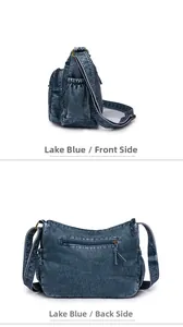 Detail view of lake blue washed PU leather bag showing side pockets and back zip compartment
