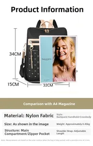 Detailed dimensions of black water-resistant nylon backpack with size chart
