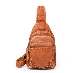 Femme Vintage Cuir PU Lavé Sac de Poitrine Femme Multi Fermeture Éclair Sac Bandoulière Avec Rivets Imperméable Sling Bag