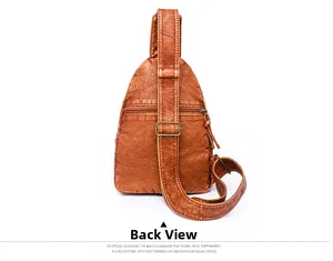 Detail view of the back of the brown PU leather chest bag with a zipper pocket