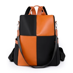 Fashion Color Block Women Backpack Multi-functional PU Leather Nylon Water-resistant Anti-theft Large Capacity Travel Bag