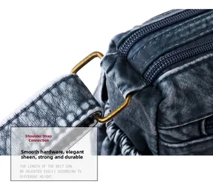 Details zu verstellbaren Trägern und Reißverschlüssen der blauen Lederhandtasche