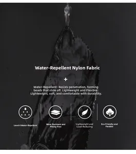 Detail of waterproof black nylon fabric with water droplets showing splash resistance