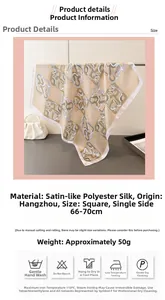 Detail view of retro floral satin silk square scarf with size and washing instructions