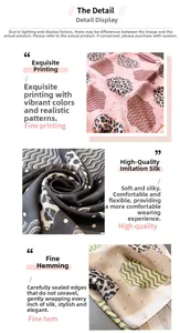 Macro detail of leopard print faux silk scarves with precision stitched edges and vibrant patterns