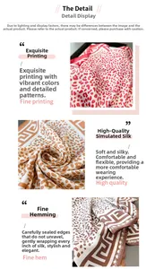 Detailed view of leopard and Greek key print silk-like scarf with fine hemmed edges