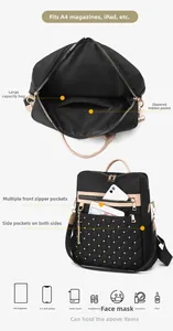 Detailed internal structure of black nylon backpack showing multi-pocket storage capacity