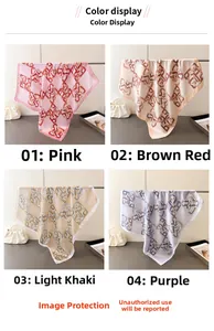 Collage of four printed silk scarves in pink, red, khaki, and purple with chain patterns