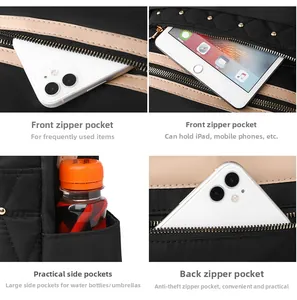 Quilted backpack storage details showing front, side and anti-theft back zip pockets