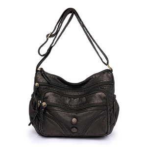 Vintage Washed PU Leather Crossbody Bag Women Large Capacity Multi Pocket Multi Zipper Waterproof Shoulder Satchel Bag