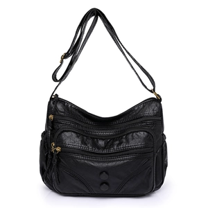 Large black washed PU leather crossbody bag with multi-pocket design and adjustable strap