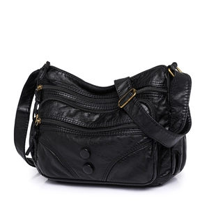 Vintage black washed PU leather crossbody bag for women with multi-zipper pockets