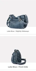 Detailansicht der seeseeblauen weichen PU-Lederhandtasche mit Seitenansichten und Reißverschluss