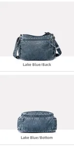 Detailansicht der seeblauen Tasche aus gewaschenem PU-Leder mit Rücktasche und Boden