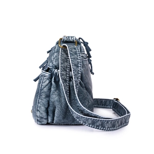 Blaue Vintage Umhängetasche aus gewaschenem Leder mit Quasten-Zippern und Bronze-Beschlägen