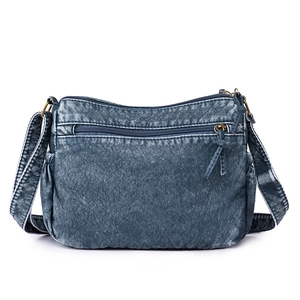 Vintage blaue Umhängetasche aus gewaschenem Kunstleder mit vielen Fächern und Kapazität