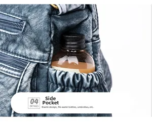 Detailansicht der blaugrauen Handtasche mit Seitentasche und einer braunen Wasserflasche