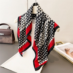 Elegant silk texture scarf with black and white geometric pattern and red trim