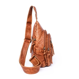 Retro dark brown PU leather crossbody chest bag with multiple zipper pockets