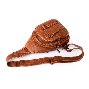 Brown PU leather crossbody chest bag with vintage crinkle texture and multi-zipper pockets