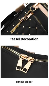 Detail of quilted black backpack with gold studs, fringe tassel and smooth metal zipper