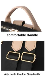 Detail of comfortable handle and adjustable shoulder strap buckle on black nylon backpack