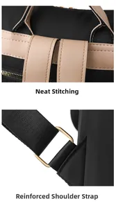 Close-up of durable reinforced shoulder straps and neat stitching on a nylon backpack