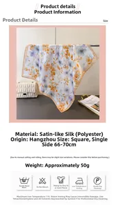 Detailed view of floral silk satin square scarf with lavender and yellow patterns