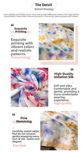 Detail of floral silk-feel scarf showing vibrant patterns and fine stitched edges