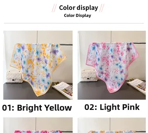 Detailed color display of yellow and pink silk scarves with floral watercolor patterns