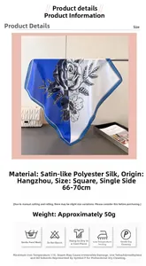 Macro shot of blue and white rose pattern on satin silk scarf with detailed texture