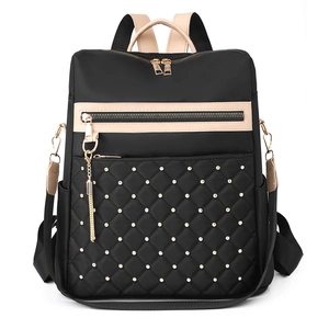 Fashion Women Backpack Quilted Diamond Pattern Nylon Large Capacity Gold Rivet Tassel Urban Chic School Travel Bag