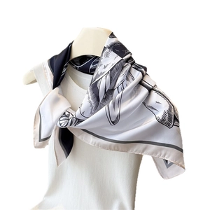 Elegant rose print faux silk square scarf in black and white hand-drawn floral design
