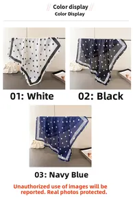 Détails de foulards en soie à pois géométriques en blanc, noir et bleu marine foncé