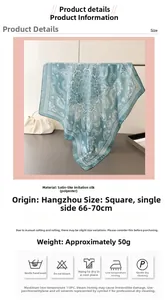 Detail of teal satin square scarf featuring white floral and paisley patterns on fabric